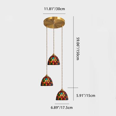 Chandelier traditionnel japonais en verre rond en cuivre à 3 lumières pour salon 