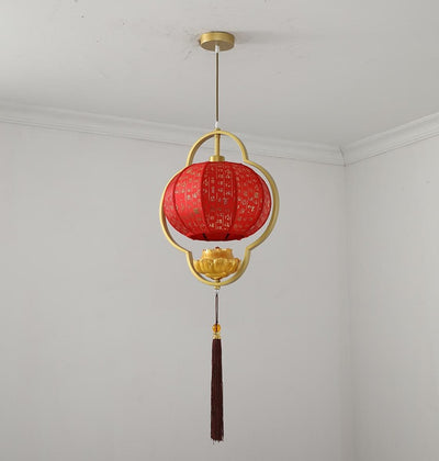 Linterna tradicional china de loto de tela y hierro con 1 luz colgante para dormitorio 
