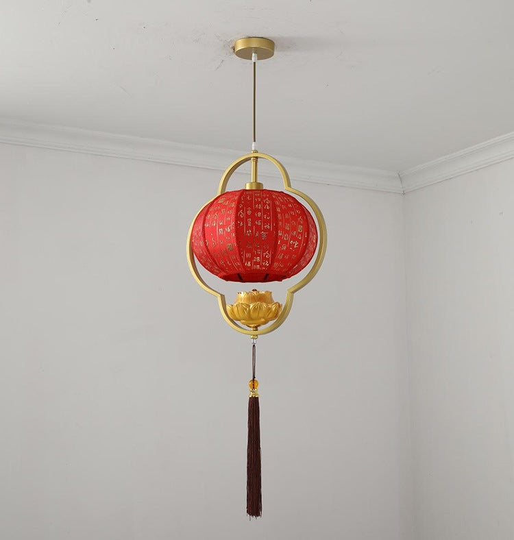 Linterna tradicional china de loto de tela y hierro con 1 luz colgante para dormitorio 