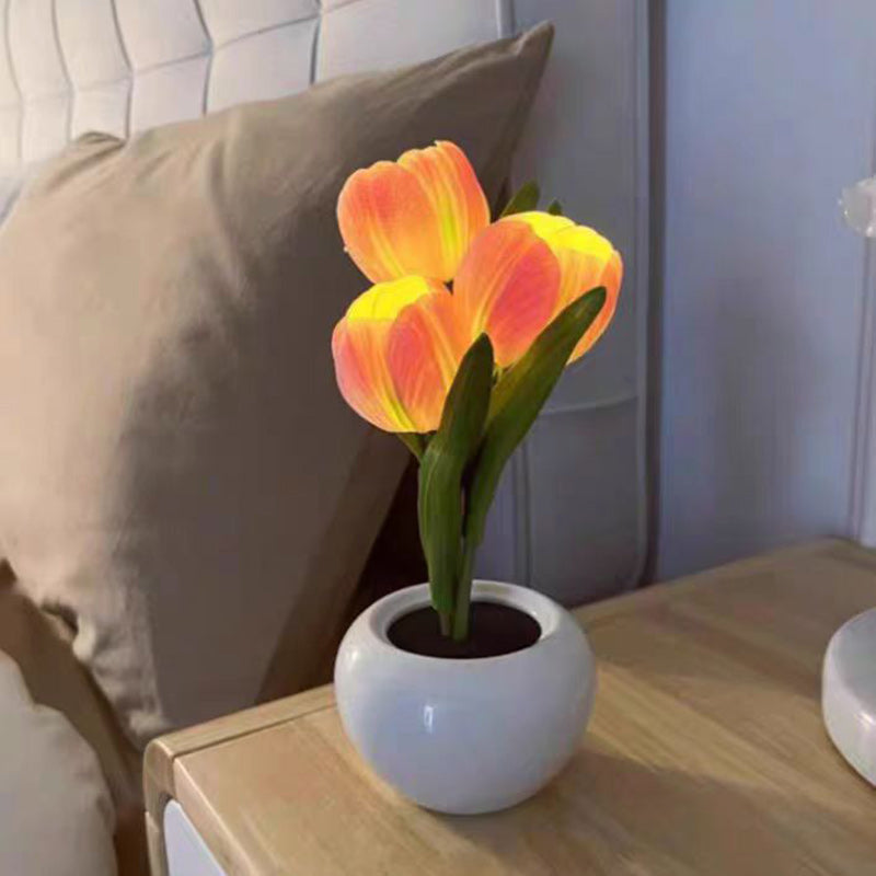 Lampe de Table LED en Céramique PU avec Bouquet de Tulipes Art Déco Moderne pour Chambre 
