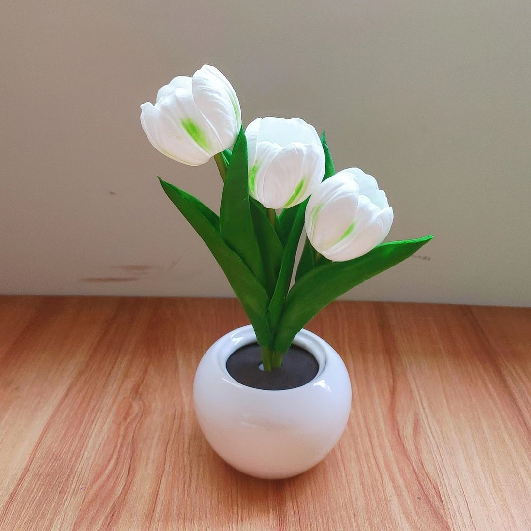Lampe de Table LED en Céramique PU avec Bouquet de Tulipes Art Déco Moderne pour Chambre 
