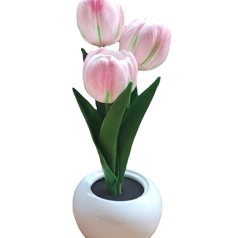 Lampe de Table LED en Céramique PU avec Bouquet de Tulipes Art Déco Moderne pour Chambre 