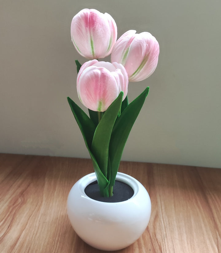 Lampe de Table LED en Céramique PU avec Bouquet de Tulipes Art Déco Moderne pour Chambre 