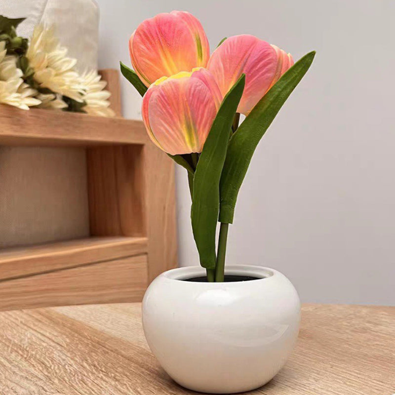 Lampe de Table LED en Céramique PU avec Bouquet de Tulipes Art Déco Moderne pour Chambre 