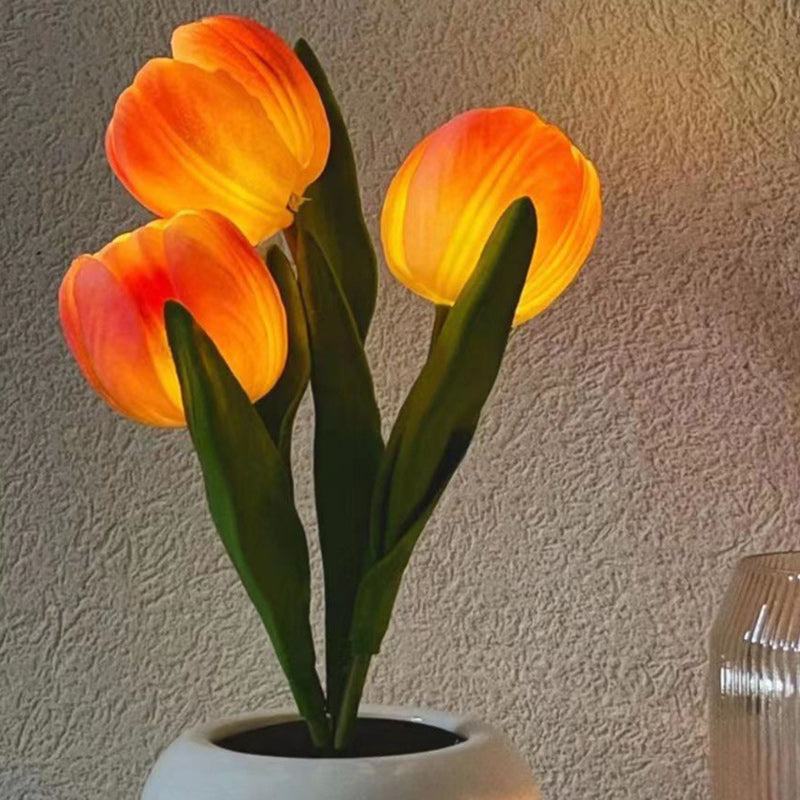 Lampe de Table LED en Céramique PU avec Bouquet de Tulipes Art Déco Moderne pour Chambre 