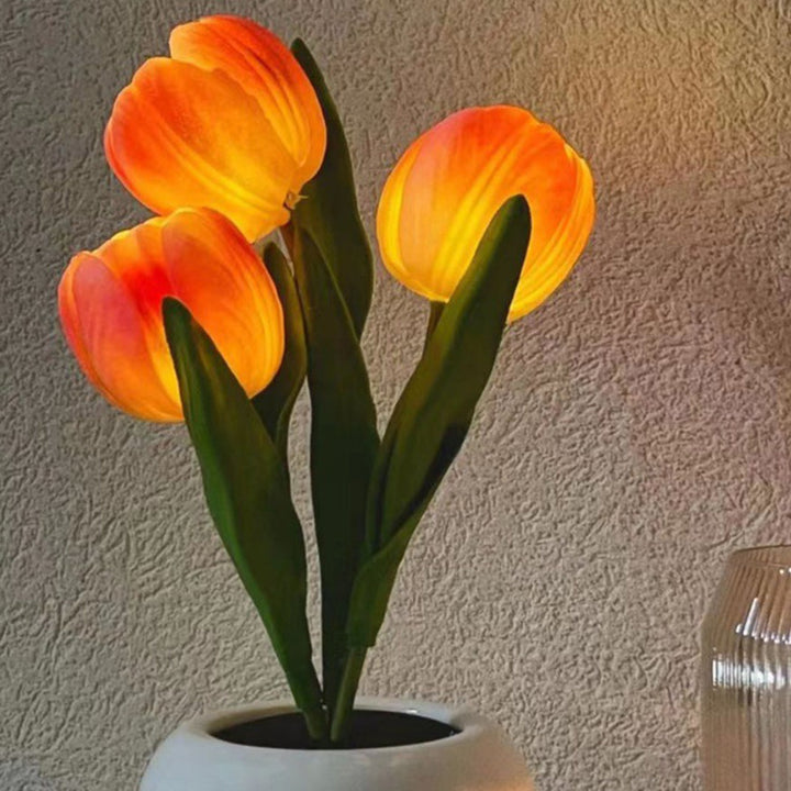 Lámpara de mesa LED de cerámica PU con ramo de tulipanes Art Deco moderno para dormitorio 