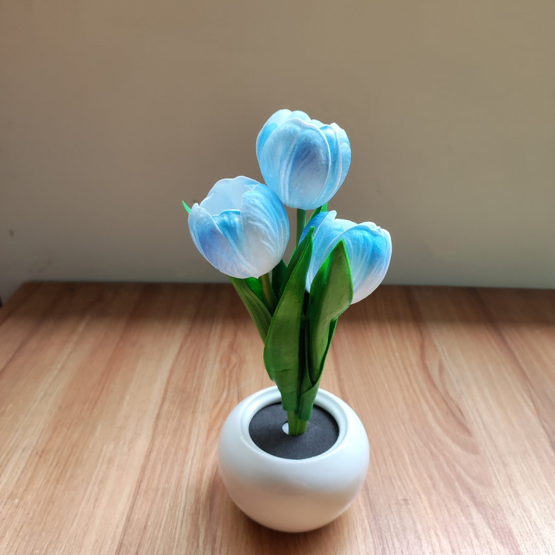 Lampe de Table LED en Céramique PU avec Bouquet de Tulipes Art Déco Moderne pour Chambre 