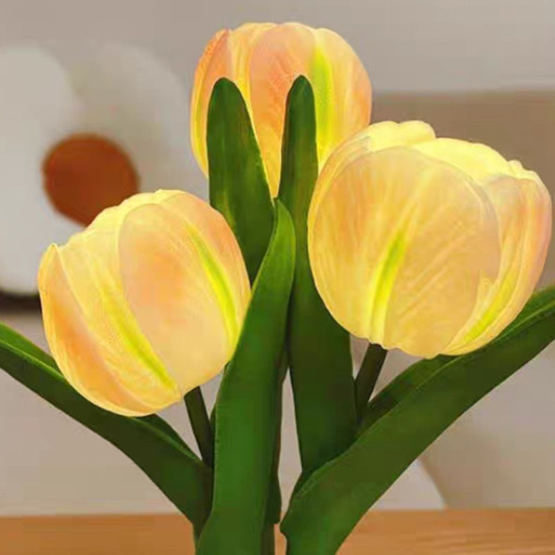 Lampe de Table LED en Céramique PU avec Bouquet de Tulipes Art Déco Moderne pour Chambre 