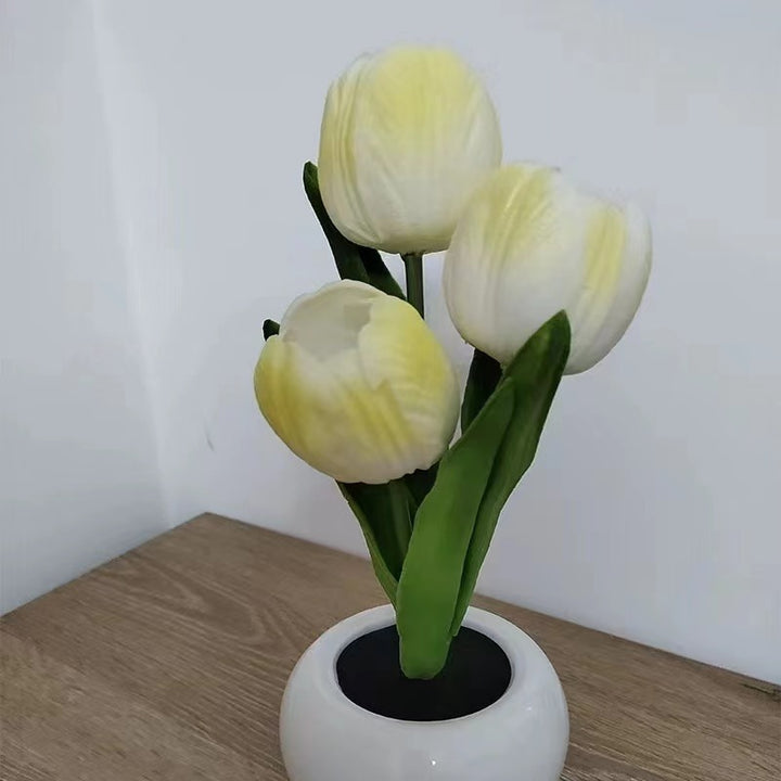 Lampe de Table LED en Céramique PU avec Bouquet de Tulipes Art Déco Moderne pour Chambre 