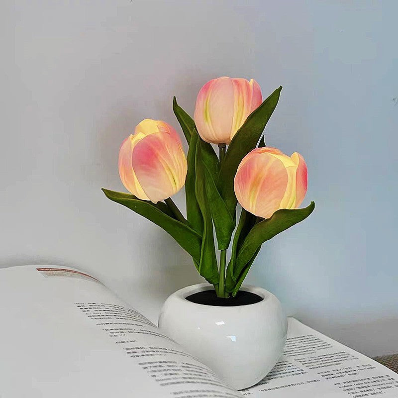 Lampe de Table LED en Céramique PU avec Bouquet de Tulipes Art Déco Moderne pour Chambre 