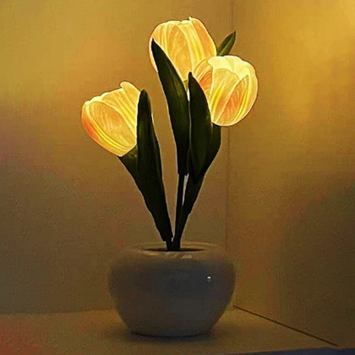 Lámpara de mesa LED de cerámica PU con ramo de tulipanes Art Deco moderno para dormitorio 