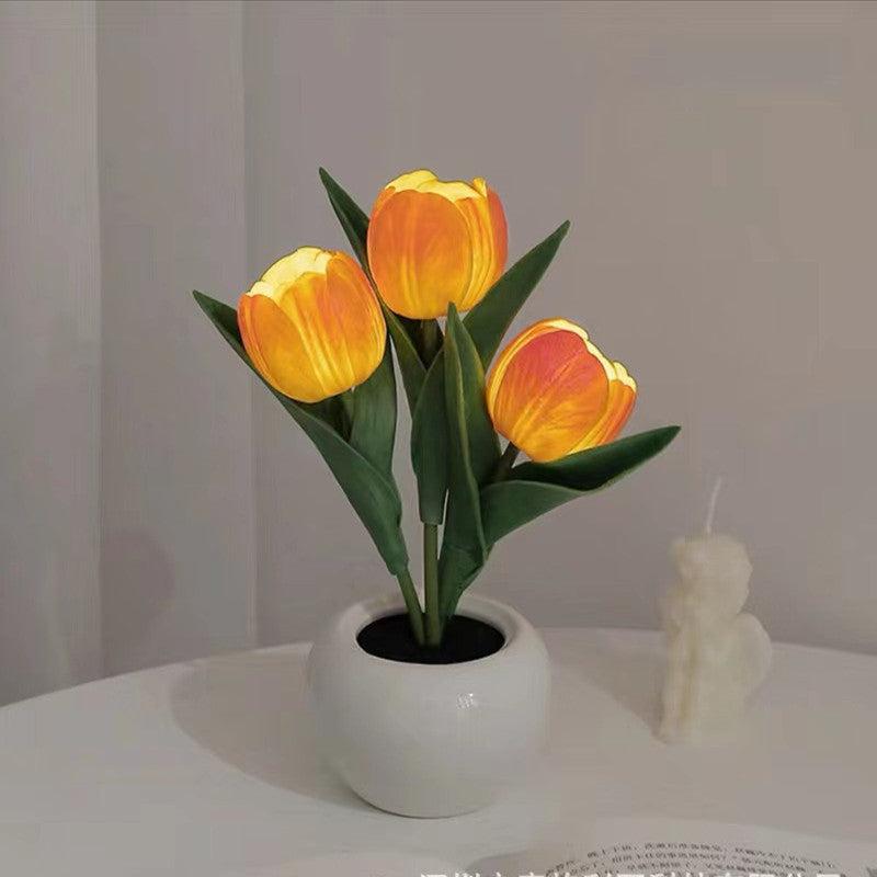 Lampe de Table LED en Céramique PU avec Bouquet de Tulipes Art Déco Moderne pour Chambre 