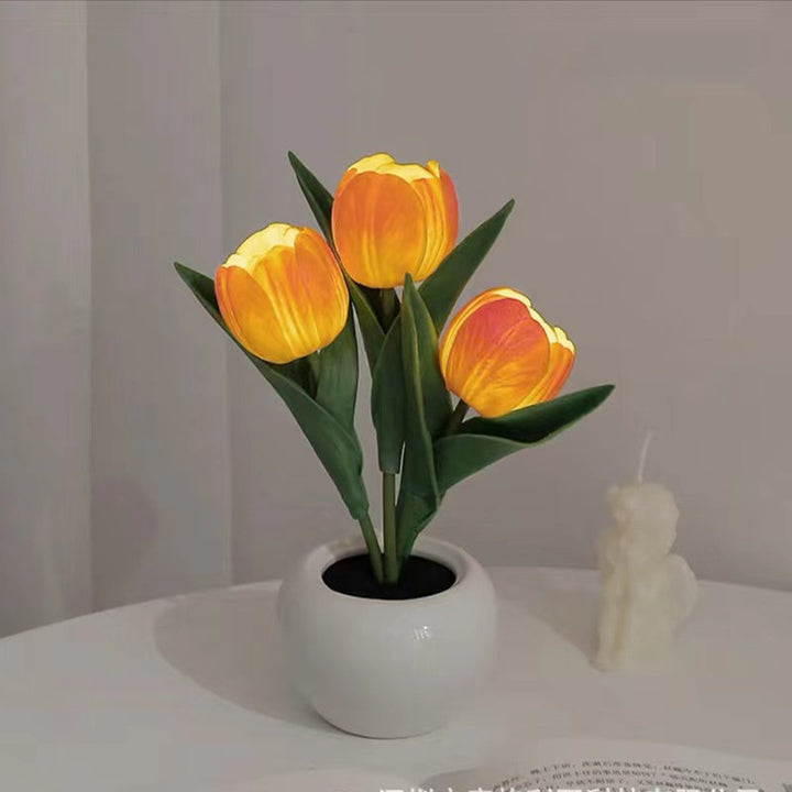 Lampe de Table LED en Céramique PU avec Bouquet de Tulipes Art Déco Moderne pour Chambre 