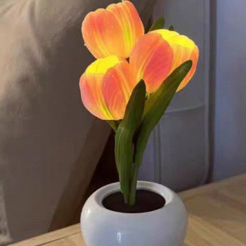 Lampe de Table LED en Céramique PU avec Bouquet de Tulipes Art Déco Moderne pour Chambre 