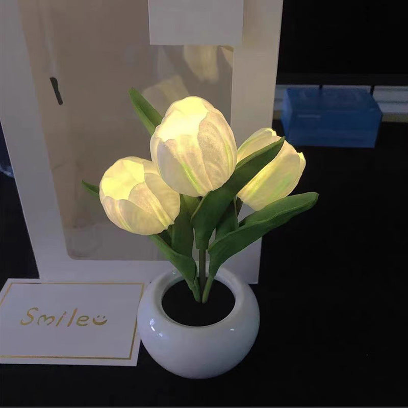 Lampe de Table LED en Céramique PU avec Bouquet de Tulipes Art Déco Moderne pour Chambre 
