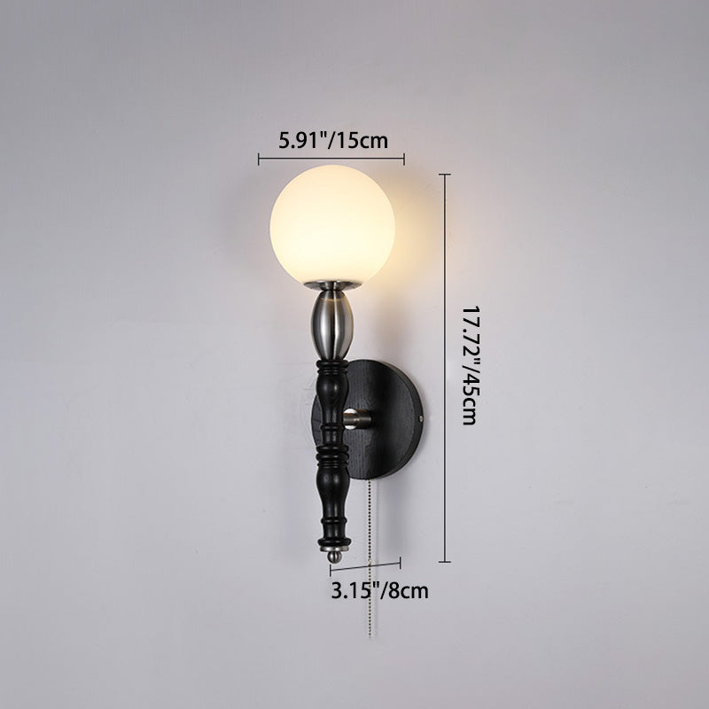 Applique murale 1 lumière en bois de frêne avec matériel en verre rond et haricot magique chinois traditionnel pour salon 