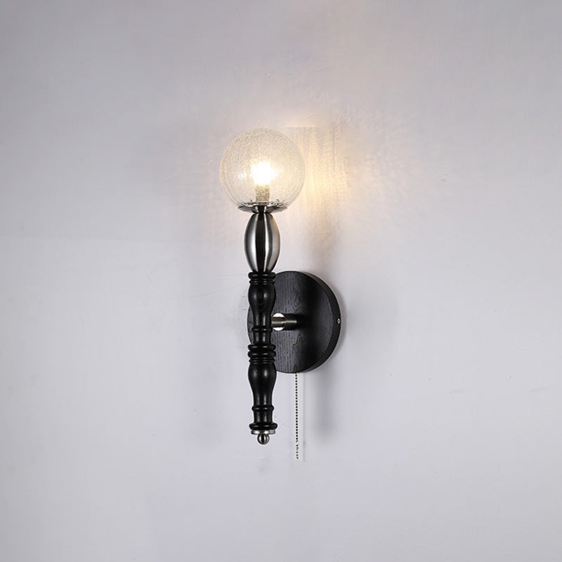 Traditionelle chinesische Magic Bean Runde Glas Esche Holz Hardware 1-Licht Wandleuchte Lampe für Wohnzimmer 