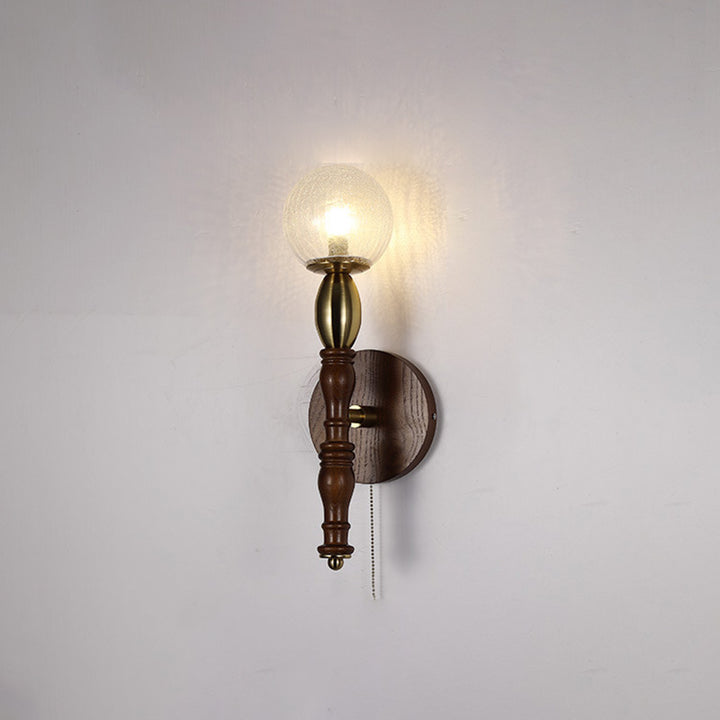 Applique murale 1 lumière en bois de frêne avec matériel en verre rond et haricot magique chinois traditionnel pour salon 