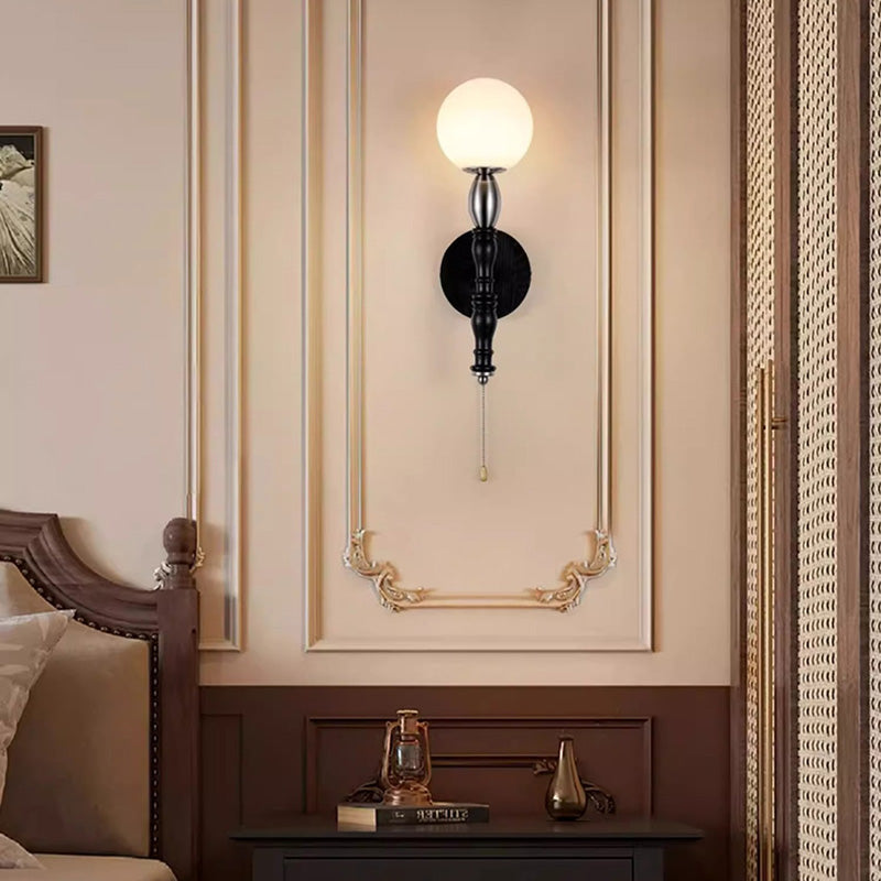 Traditionelle chinesische Magic Bean Runde Glas Esche Holz Hardware 1-Licht Wandleuchte Lampe für Wohnzimmer 