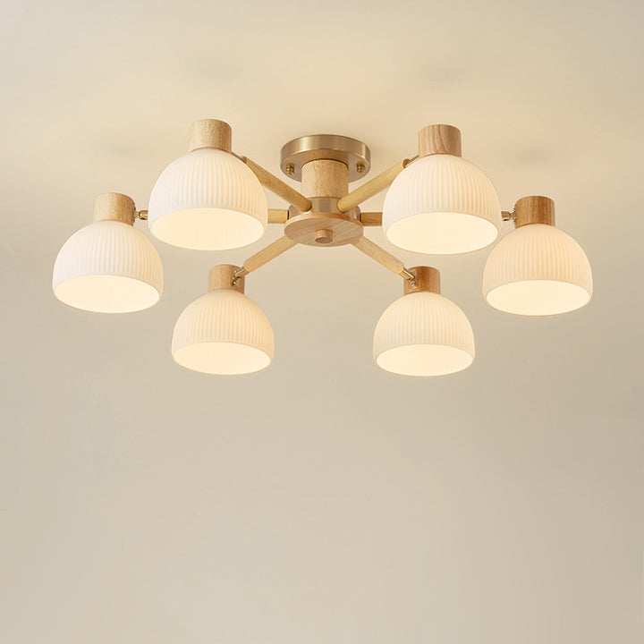 Luz de techo semiempotrada contemporánea escandinava de rama semicircular de vidrio y madera con 3/6/8 luces para dormitorio 