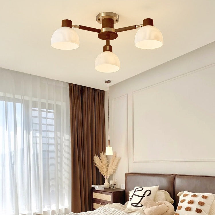 Luz de techo semiempotrada contemporánea escandinava de rama semicircular de vidrio y madera con 3/6/8 luces para dormitorio 