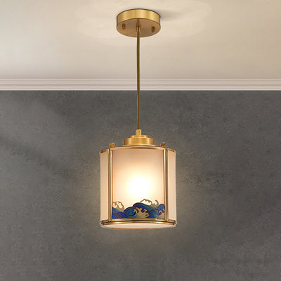 Lustre suspendu en laiton avec verre rond à vagues de mer chinoises traditionnelles, 1 lumière pour le salon 