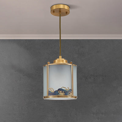 Lustre suspendu en laiton avec verre rond à vagues de mer chinoises traditionnelles, 1 lumière pour le salon 