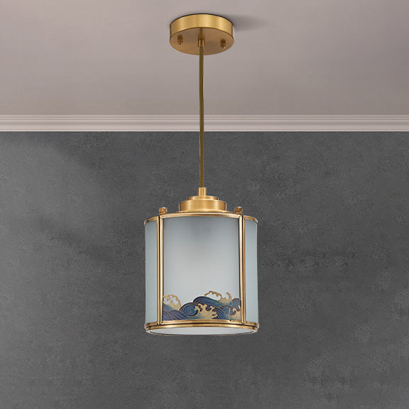 Lustre suspendu en laiton avec verre rond à vagues de mer chinoises traditionnelles, 1 lumière pour le salon 