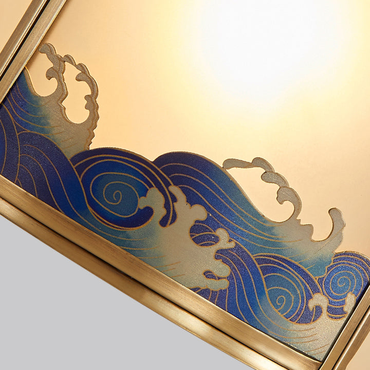 Traditional Chinese Round Sea Waves Glass Brass 1-Light Pendant Light For Living Room