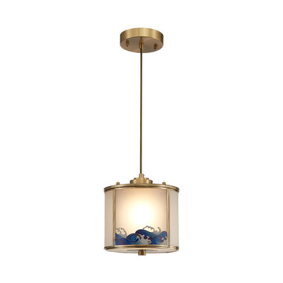 Lustre suspendu en laiton avec verre rond à vagues de mer chinoises traditionnelles, 1 lumière pour le salon 