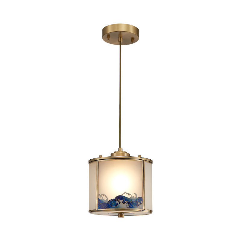 Lustre suspendu en laiton avec verre rond à vagues de mer chinoises traditionnelles, 1 lumière pour le salon 