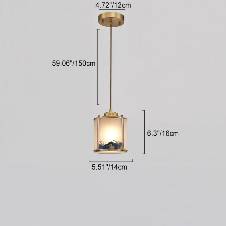 Traditional Chinese Round Sea Waves Glass Brass 1-Light Pendant Light For Living Room