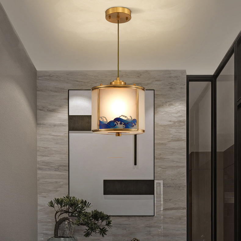Lustre suspendu en laiton avec verre rond à vagues de mer chinoises traditionnelles, 1 lumière pour le salon 