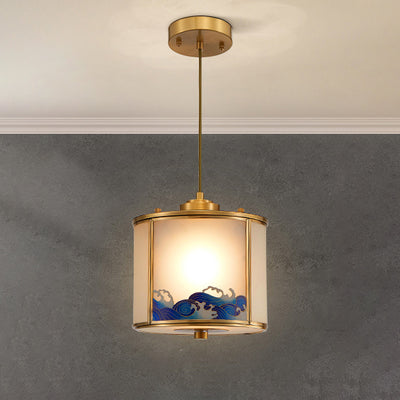 Lustre suspendu en laiton avec verre rond à vagues de mer chinoises traditionnelles, 1 lumière pour le salon 