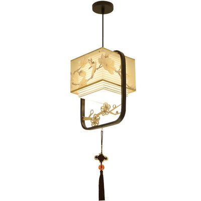 Lanterne Fleur Carrée Chinoise Traditionnelle en Tissu et Fer 1-Lumière pour Salon 