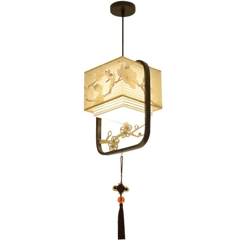 Lanterne Fleur Carrée Chinoise Traditionnelle en Tissu et Fer 1-Lumière pour Salon 