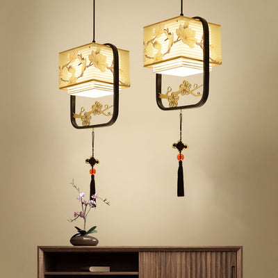 Lanterne Fleur Carrée Chinoise Traditionnelle en Tissu et Fer 1-Lumière pour Salon 