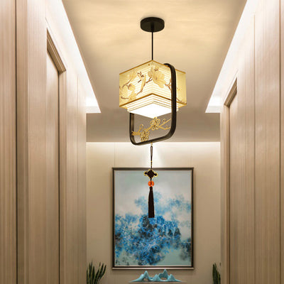 Lanterne Fleur Carrée Chinoise Traditionnelle en Tissu et Fer 1-Lumière pour Salon 