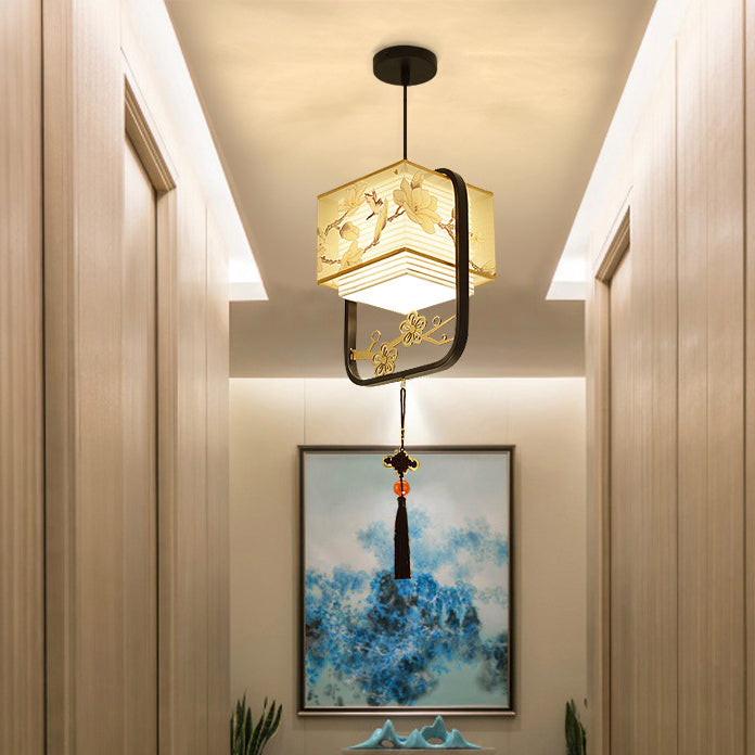 Lanterne Fleur Carrée Chinoise Traditionnelle en Tissu et Fer 1-Lumière pour Salon 