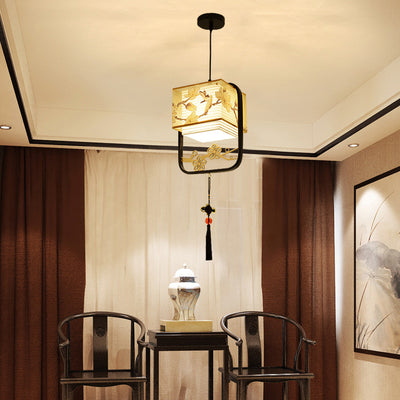 Lanterne Fleur Carrée Chinoise Traditionnelle en Tissu et Fer 1-Lumière pour Salon 