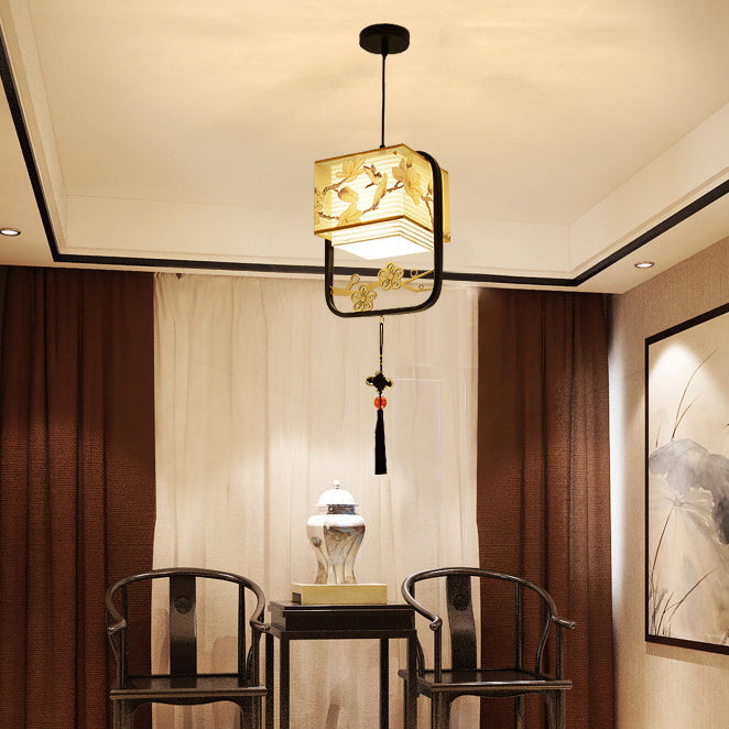 Lanterne Fleur Carrée Chinoise Traditionnelle en Tissu et Fer 1-Lumière pour Salon 