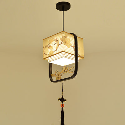 Lanterne Fleur Carrée Chinoise Traditionnelle en Tissu et Fer 1-Lumière pour Salon 