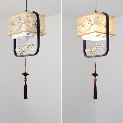 Lanterne Fleur Carrée Chinoise Traditionnelle en Tissu et Fer 1-Lumière pour Salon 