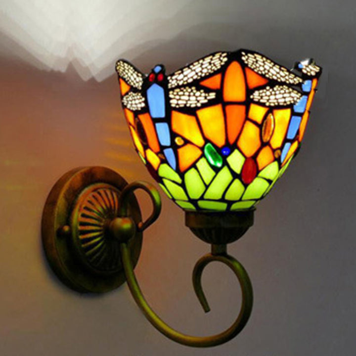 Traditionelle Tiffany Flower Pod Runde Glas Eisen 1-Licht Wandleuchte Lampe für Wohnzimmer 