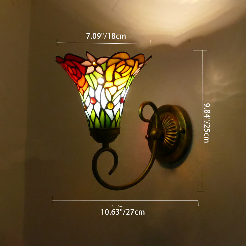 Traditionelle Tiffany Flower Pod Runde Glas Eisen 1-Licht Wandleuchte Lampe für Wohnzimmer 