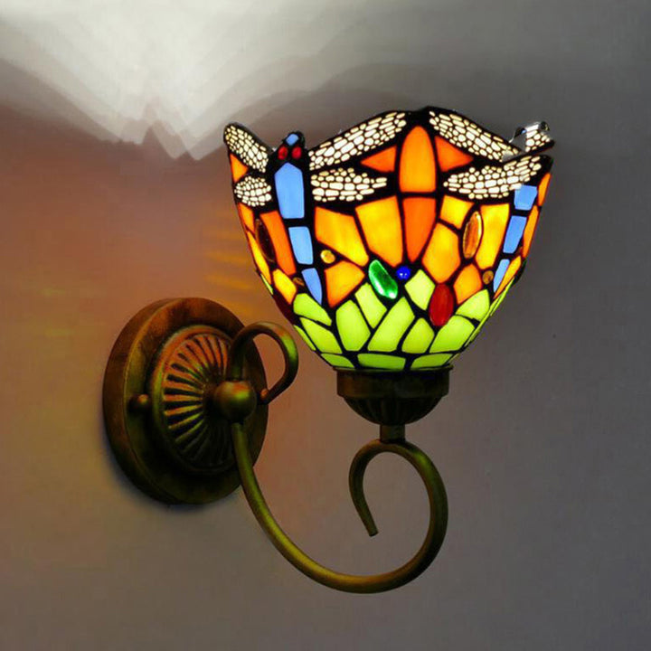 Traditionelle Tiffany Flower Pod Runde Glas Eisen 1-Licht Wandleuchte Lampe für Wohnzimmer 