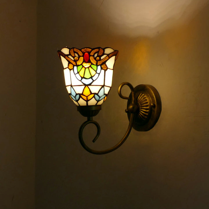 Traditionelle Tiffany Flower Pod Runde Glas Eisen 1-Licht Wandleuchte Lampe für Wohnzimmer 