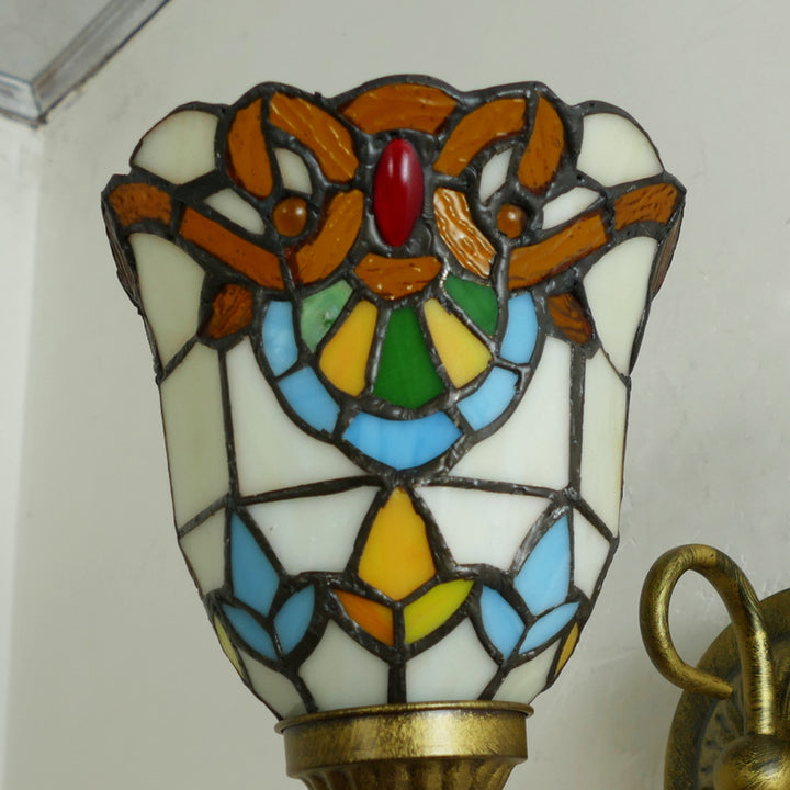 Traditionelle Tiffany Flower Pod Runde Glas Eisen 1-Licht Wandleuchte Lampe für Wohnzimmer 