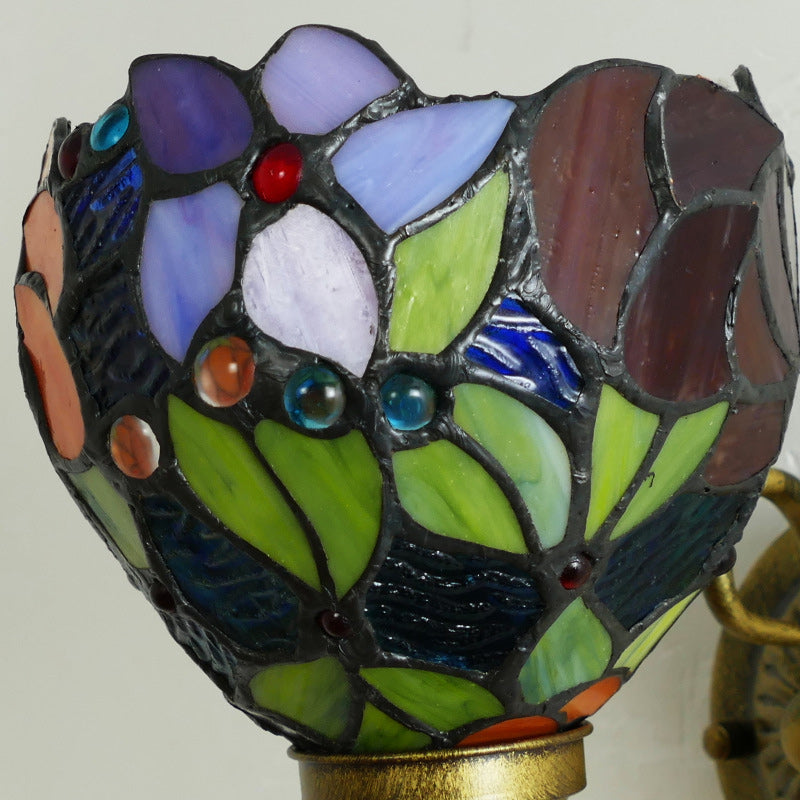Traditionelle Tiffany Flower Pod Runde Glas Eisen 1-Licht Wandleuchte Lampe für Wohnzimmer 