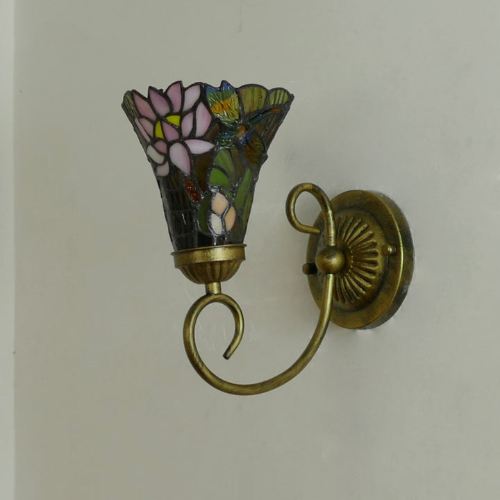 Traditionelle Tiffany Flower Pod Runde Glas Eisen 1-Licht Wandleuchte Lampe für Wohnzimmer 